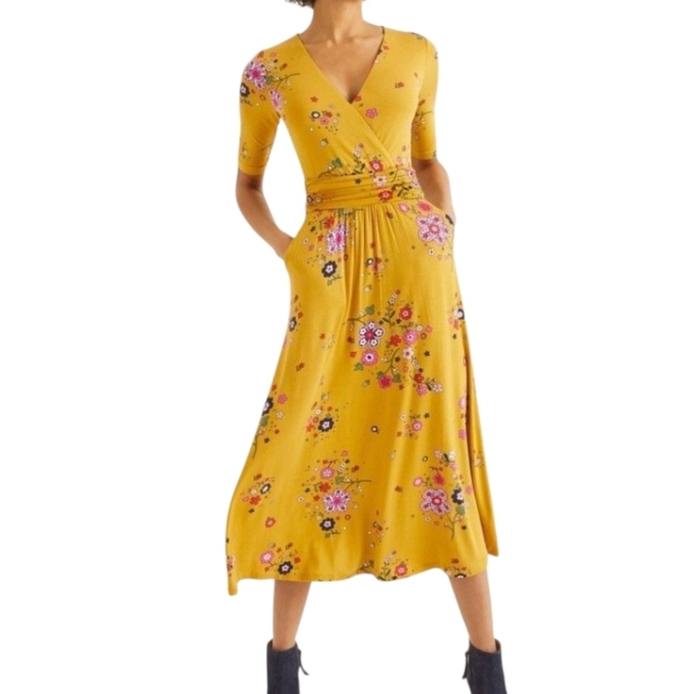 BODEN Carrie Saffron Yellow Floral Golden Jersey Daydream Midi Dress Size 8 R